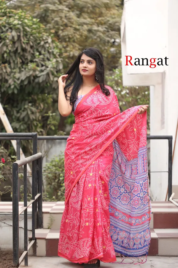 Handicraft_Women's_Bandhani_Print_Pure_Soft_Cotton_Saree_With_Zari_Border_And_Blouse_Piece_Rangat_Pink_With_Blouse_Piece